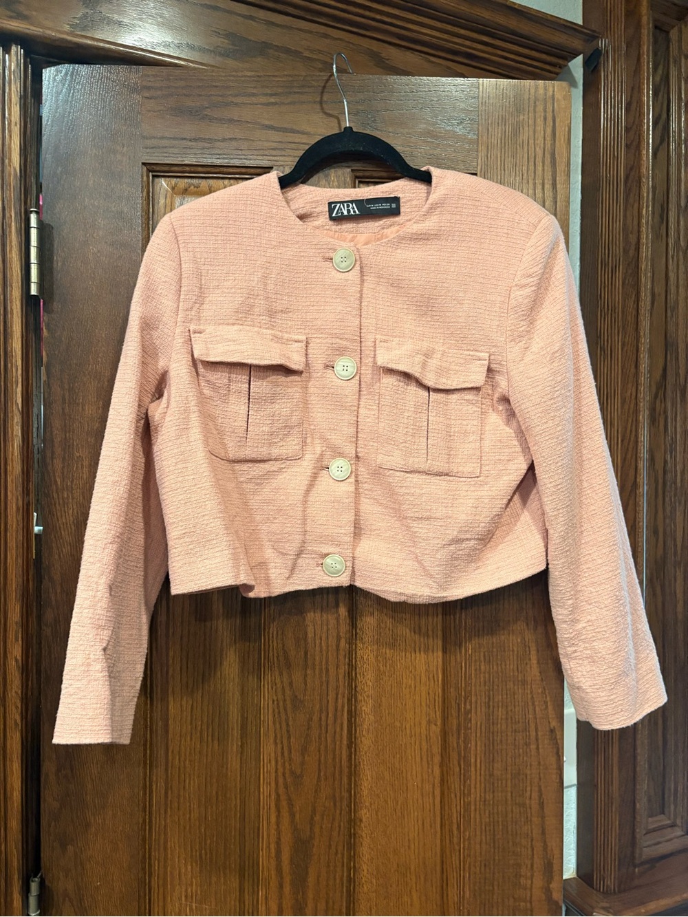 Zara $60 Textured Cropped Blazer salmon pink M boxy utility pocket - Picture 2 of 9